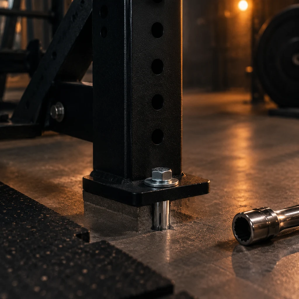 The foot of a black rack upright bolted into a concrete floor with a sleeve anchor