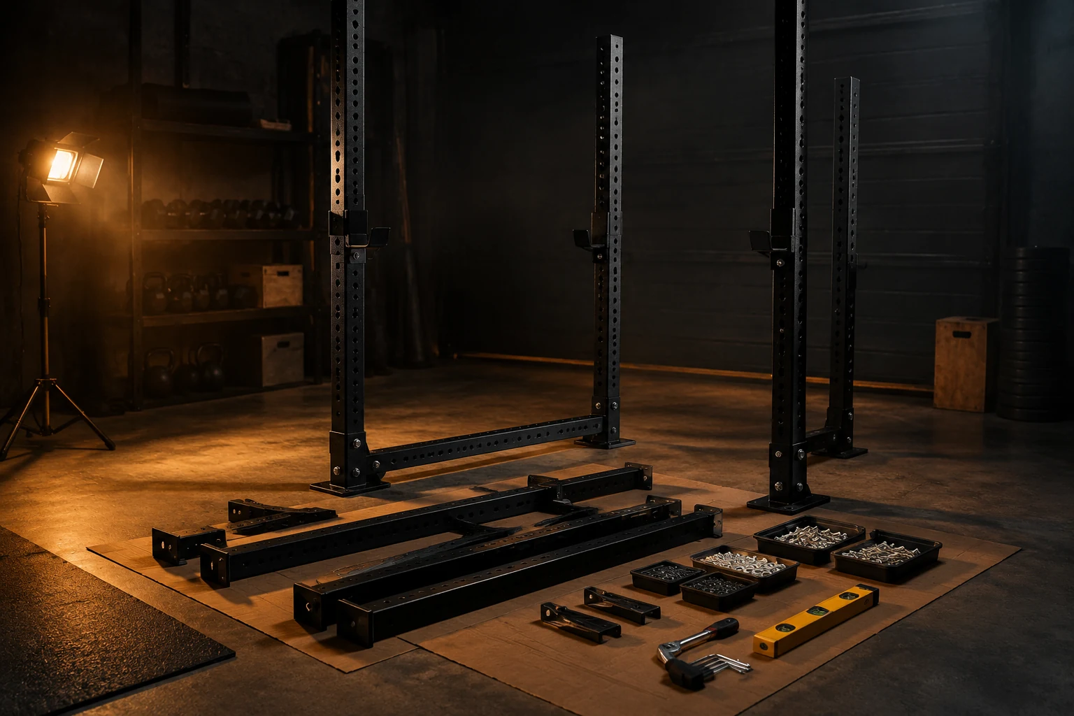 A power rack half-assembled on a garage floor with bolts, a socket wrench and a spirit level laid out