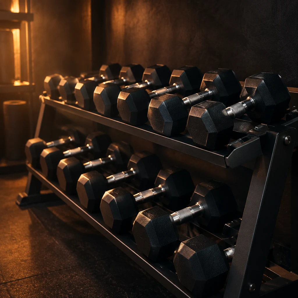 A row of black rubber hex dumbbells on a two-tier rack in a spare-room gym