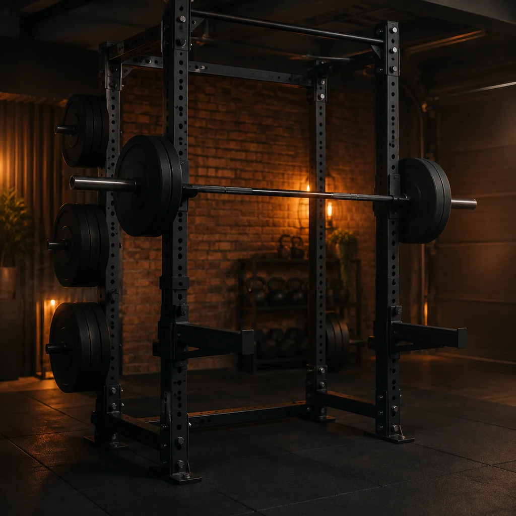 A black power rack with a loaded barbell and plates on storage horns in a garage gym