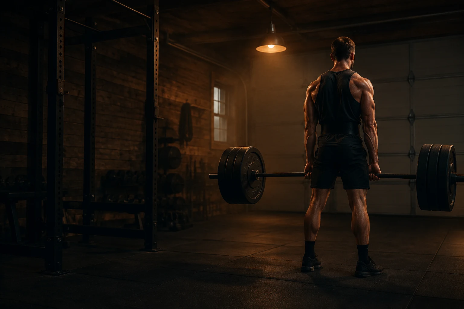 An athlete deadlifting a loaded barbell in a dimly lit garage home gym next to a black power rack