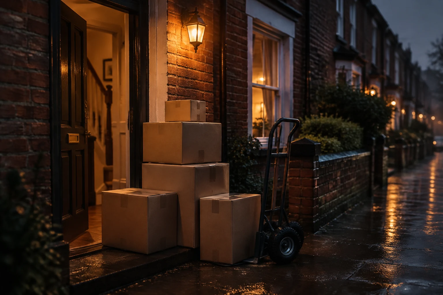 Plain cardboard boxes stacked at the front door of a terraced house at dusk