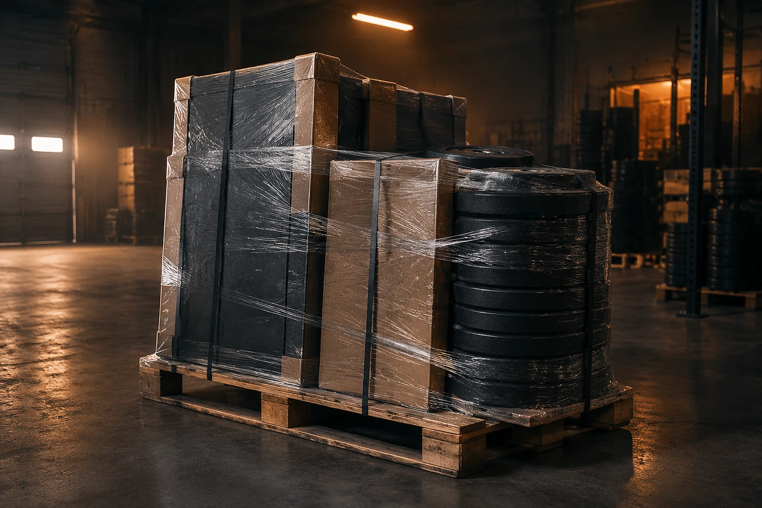 A pallet of gym equipment boxes and bumper plates wrapped in stretch film