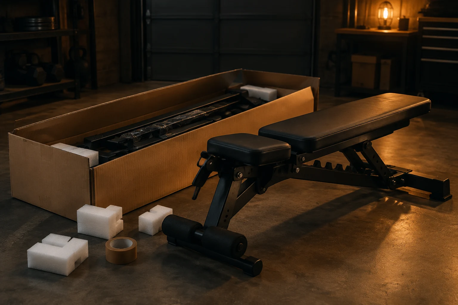 An adjustable bench being repacked into its cardboard box on a garage floor