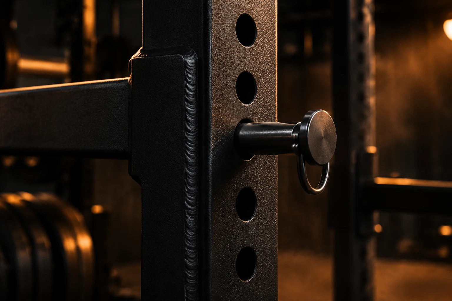 Close-up of a weld seam and pull pin on a black powder-coated rack upright