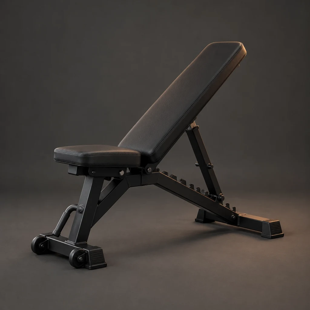 An adjustable weight bench with black upholstery set to incline