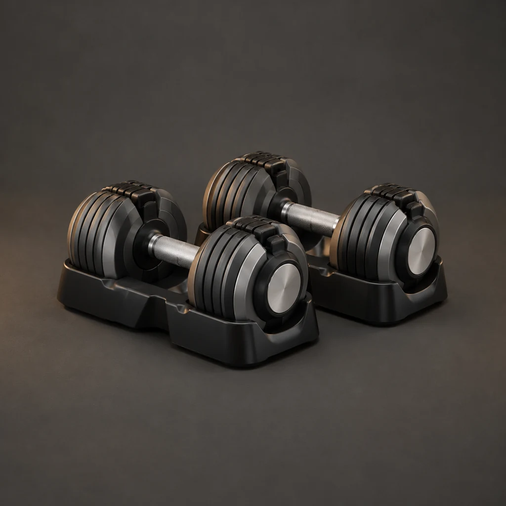 A pair of selector-dial adjustable dumbbells in their cradles