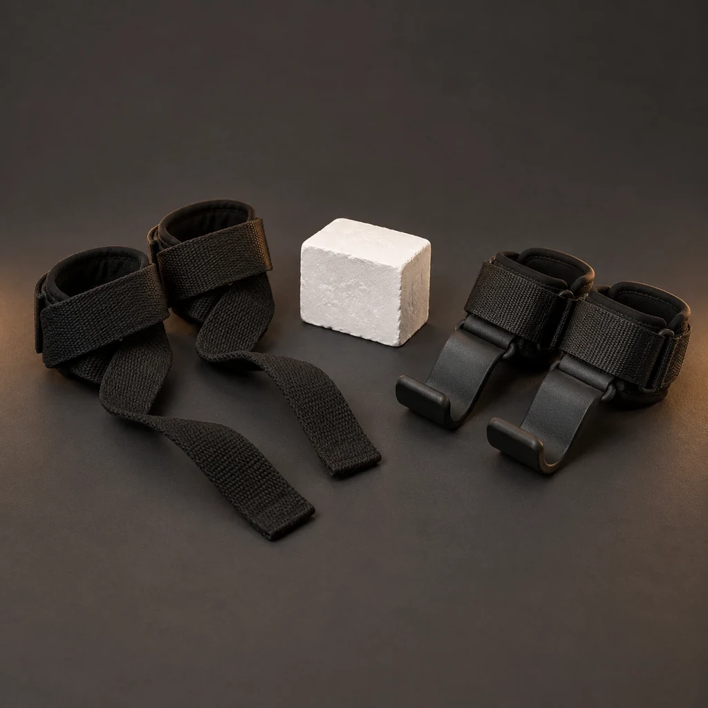 Black lifting straps, a block of chalk and padded hook grips