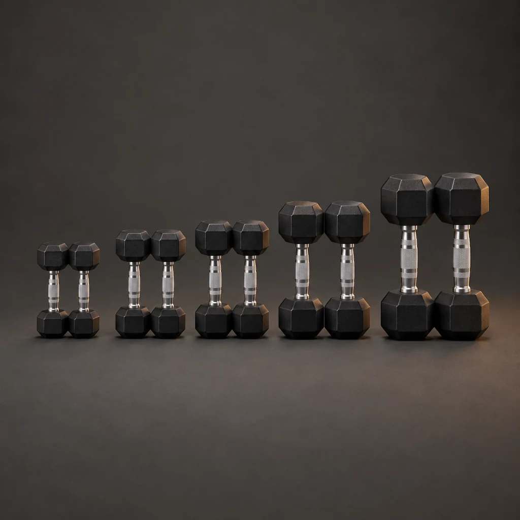 Five pairs of black rubber hex dumbbells in a row