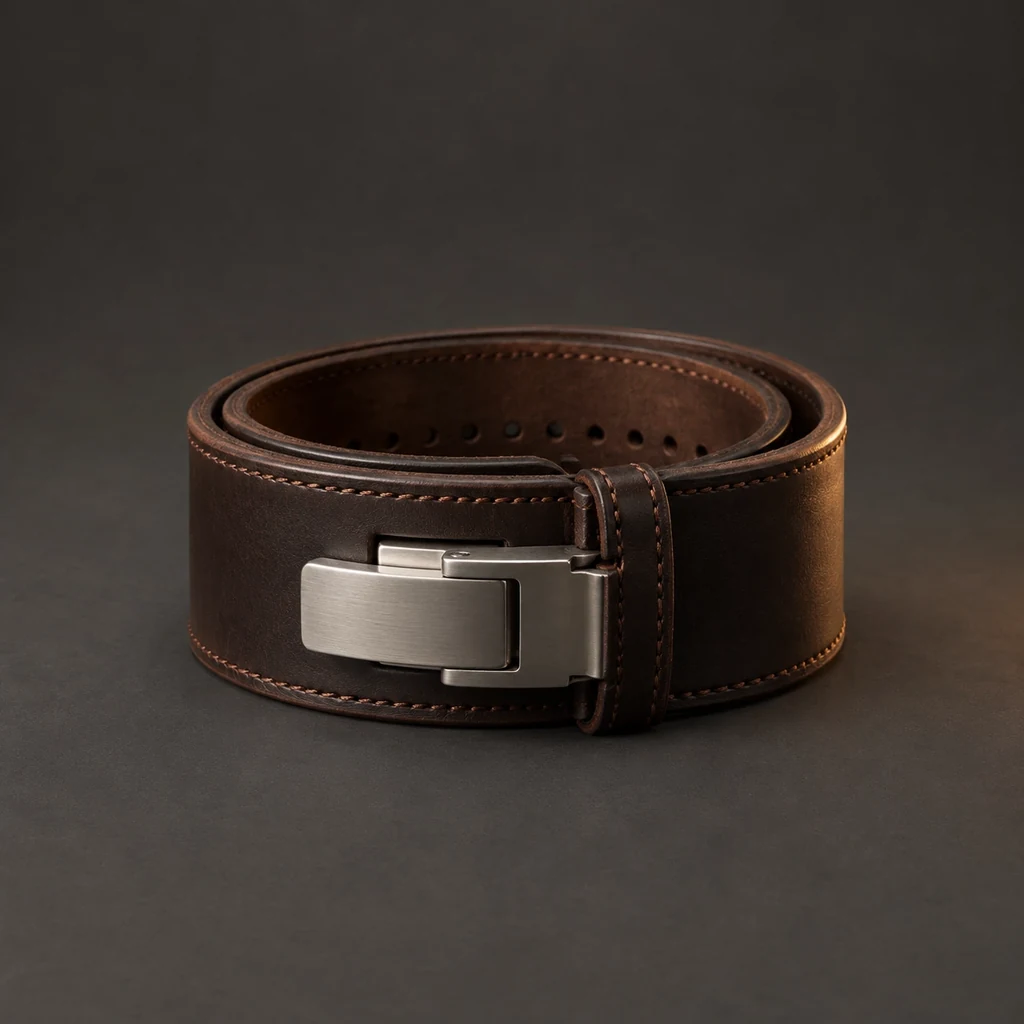 A thick brown leather lifting belt with a steel lever buckle