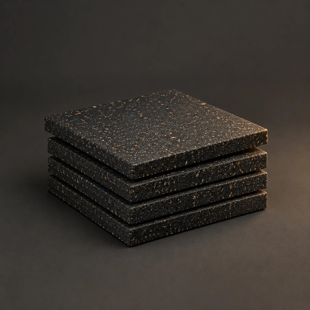 A stack of four thick black rubber gym floor tiles