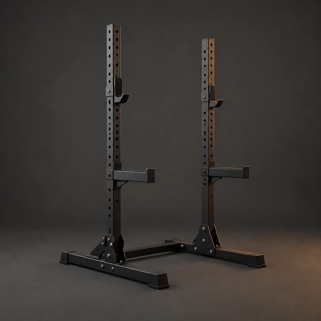 A two-post black squat stand with J-hooks and spotter arms