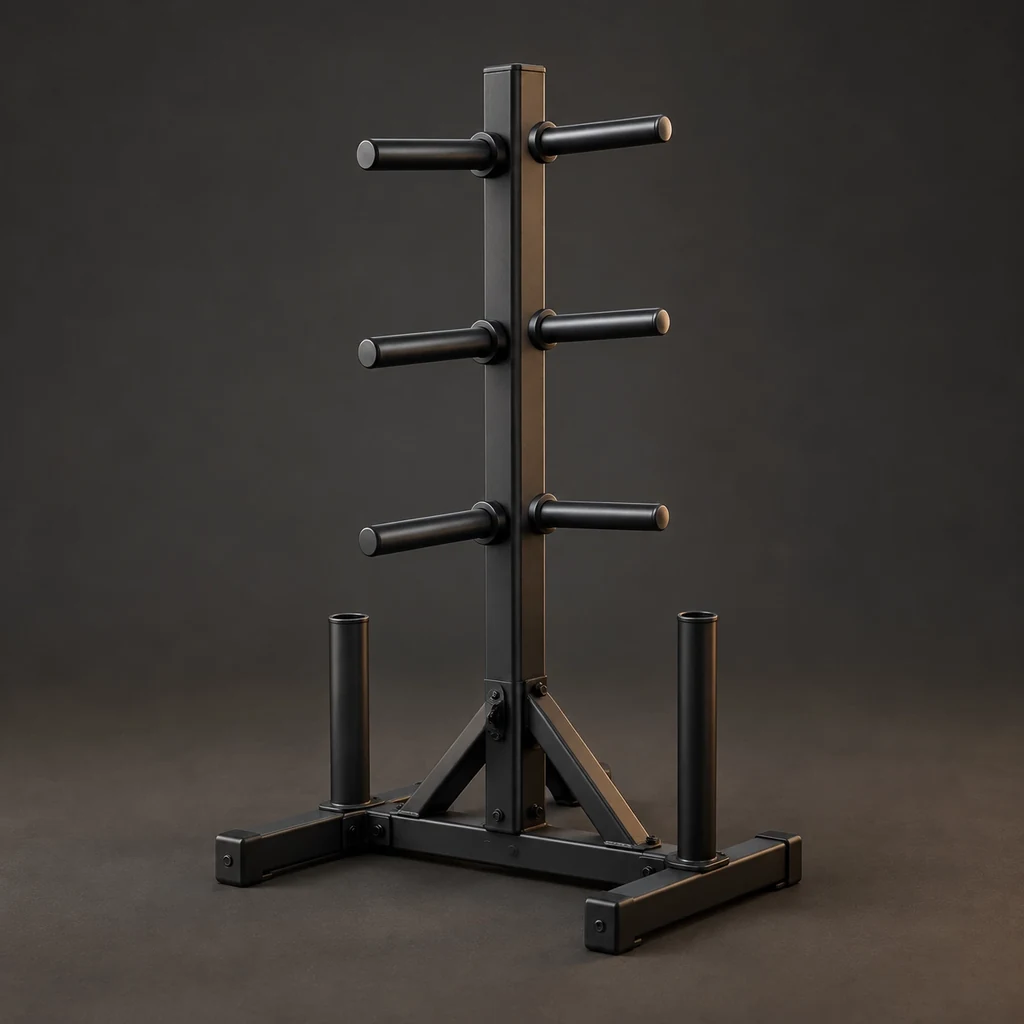 A black steel plate storage tree with six horns and two bar holders