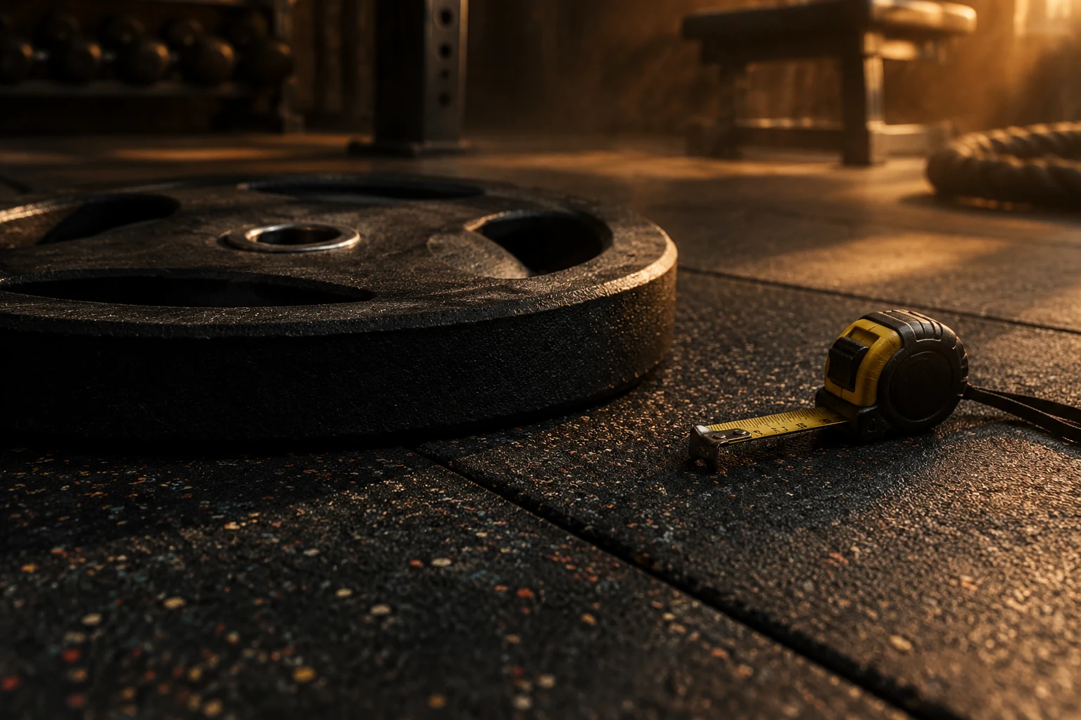 Close-up of thick black rubber gym tiles with a cast-iron plate and a tape measure