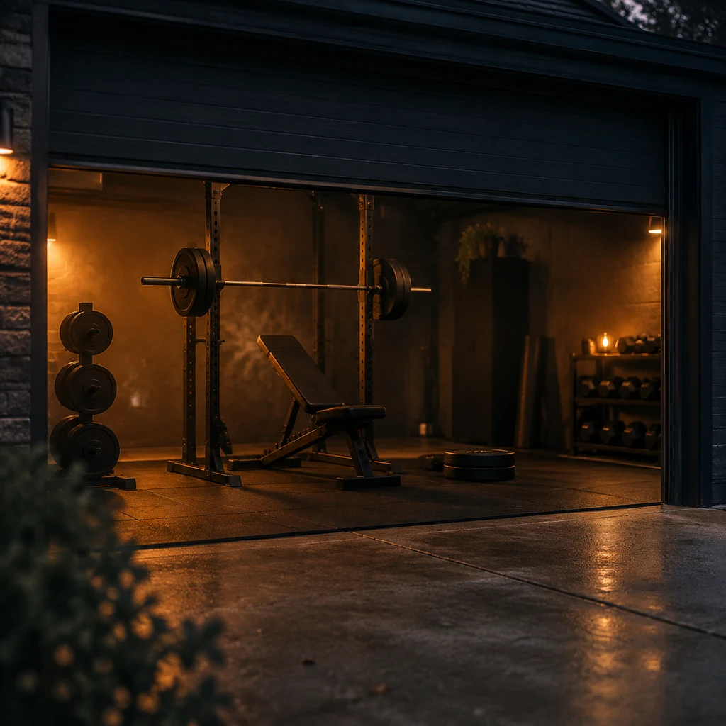 A compact garage gym with a squat stand and bench seen through a half-open garage door