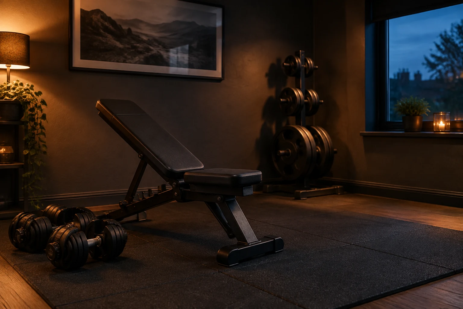 A spare bedroom home gym with an adjustable bench, dumbbells and a plate tree on rubber tiles